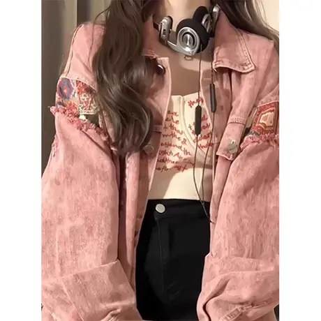 美式复古做旧拼接牛仔外套女春秋宽松夹克设计感港风chic上衣早秋图片