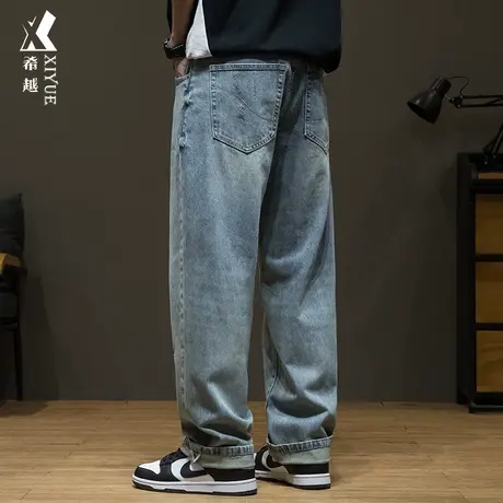 希越美式复古水洗牛仔裤男春季宽松大码潮牌破洞男士休闲直筒裤子商品大图