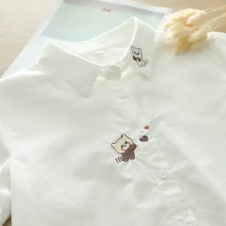 春秋装文艺小清新猫咪刺绣纯棉长袖白衬衫女学生减龄百搭叠穿衬衣商品大图