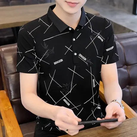 2021夏季翻领纯棉Polo衫男短袖韩版修身印花休闲青年学生T恤打底商品大图