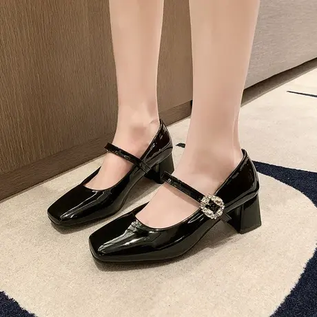 复古方头玛丽珍鞋女2024年新款一字扣浅口单鞋法式粗跟高跟小皮鞋商品大图