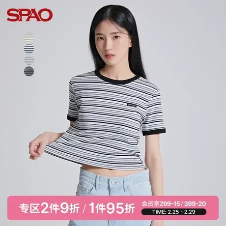 SPAO女士T恤夏季韩国同款条纹贴标修身短款T恤SPRSC25G02图片