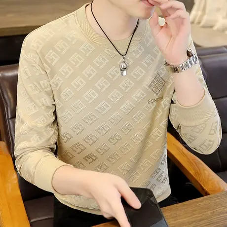 【80-200斤】高档提花男士长袖T恤衫加肥加大码卫衣秋衣潮流男装商品大图