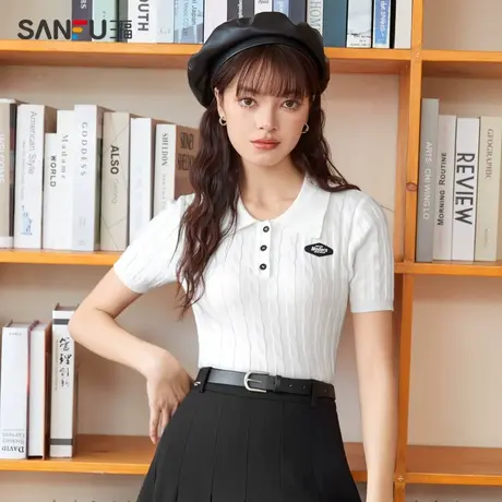 直播秒杀三福毛针织衫2024新款秋季休闲POLO领美式修身灰色短款t商品大图