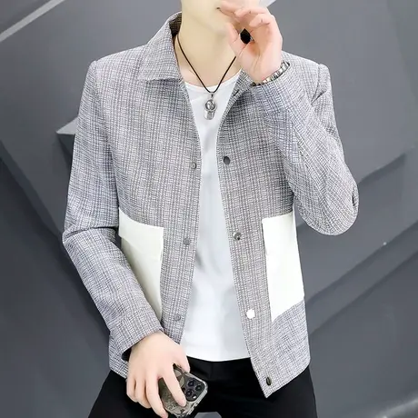 2023新款潮牌格子外套上衣男士春秋季韩版翻领休闲男装痞帅气夹克商品大图