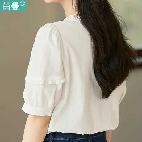 茵曼半袖法式复古泡泡袖衬衣女2024年夏季新款方领五分袖纯棉衬衫图片