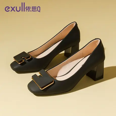 依思q尖头单鞋女粗跟2024新款春季黑色小皮鞋不累脚职业高跟鞋女图片