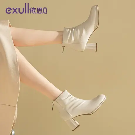 exull/依思Q2023年冬季真皮复古圆头厚底简约风短靴女中筒时装靴图片