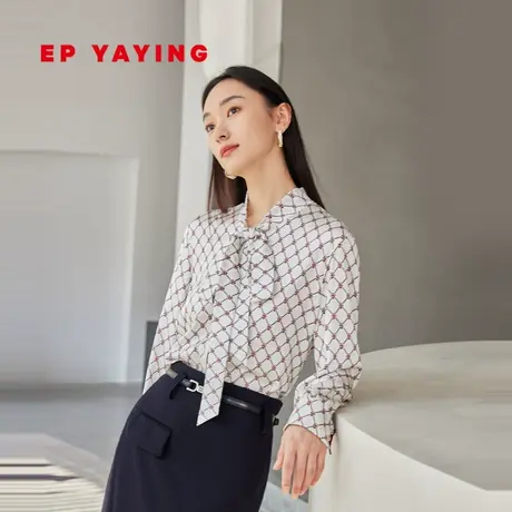 EP YAYING雅莹女装 桑蚕丝飘带格纹印花衬衫 2023新款2229A图片