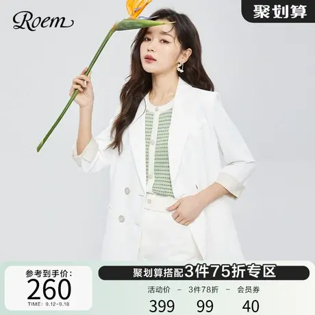 Roem纯色商场同款通勤简约韩版双排扣七分袖西装外套上衣白色图片