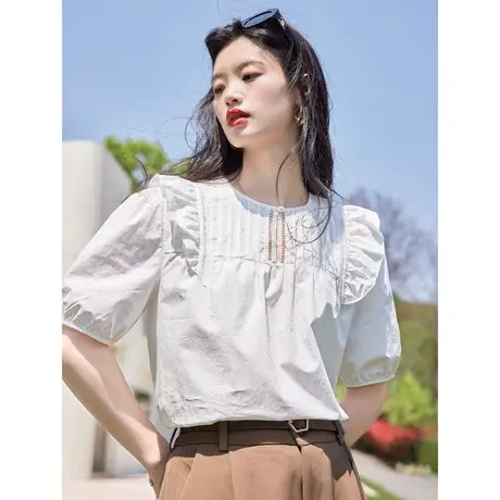 时尚气质短袖衬衫2023年夏季新款淑女温柔圆领宽松显瘦通勤上衣商品大图