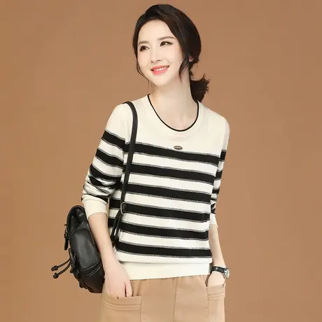 韩潮袭人圆领条纹打底针织衫女2023秋季新款休闲百搭毛衣长袖上衣商品大图