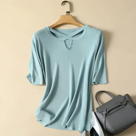 春夏2023年新款中袖冰丝针织打底衫女薄款内搭五分袖上衣短款t恤商品大图