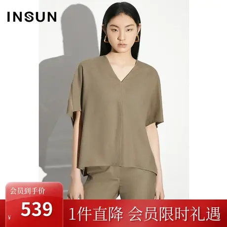 [高级商务]恩裳COVER2023夏季新款简约醋酸羊毛混纺衬衫V领上衣女图片