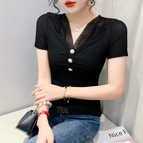 欧货网纱拼接T恤女短袖时尚气质修身显瘦小衫夏装性感V领洋气上衣商品大图