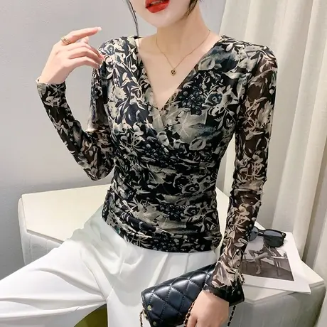 气质V领网纱打底衫女长袖秋装2023新款性感修身上衣漂亮印花T恤潮图片