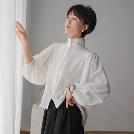 立领白色衬衫女士2023秋季新款法式灯笼袖上衣设计感小众衬衣高级图片