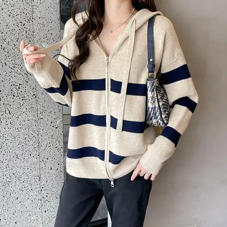 秋装2023新款连帽条纹针织外套拉链小个子短款长袖卫衣洋气百搭女图片