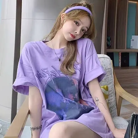 百搭印花短袖紫色T恤女夏季宽松纯棉中长款设计感小众上衣ins超火商品大图