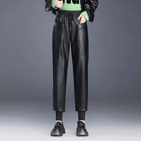 PU皮裤束脚哈伦裤女秋季2023新款松紧腰小个子显瘦休闲裤萝卜裤冬商品大图