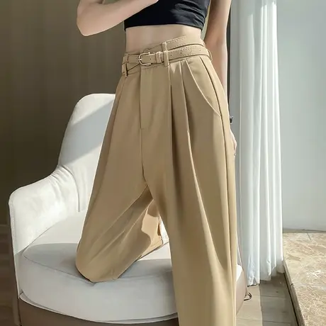 咖色翻边直筒裤女春秋新款高腰垂感宽松显瘦小众九分休闲烟管裤潮商品大图