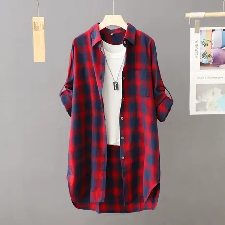 2023秋季新款韩版宽松格子衬衫女长袖大码春秋外搭衬衣外套开衫潮商品大图