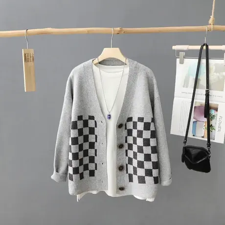 软糯毛衣外套女针织开衫慵懒复古格子针织上衣秋冬季加厚毛针织衫商品大图