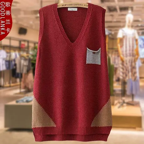 大码中老年女装针织背心女200斤妈妈装宽松洋气撞色毛衣马甲外穿商品大图