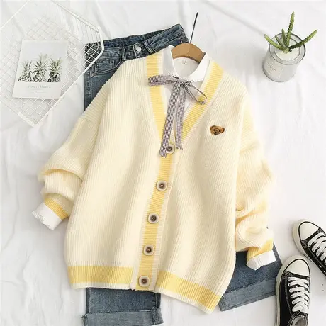 秋冬新款日系少女卡通小熊刺绣针织毛衣开衫女宽松外套学院风上衣图片