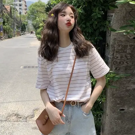 条纹短袖t恤女夏季纯棉宽松韩版ins半袖设计感小众chic港味上衣服商品大图