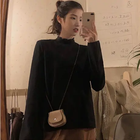 半高领德绒打底衫长袖t恤女秋冬洋气大码保暖内搭加绒加厚上衣服商品大图