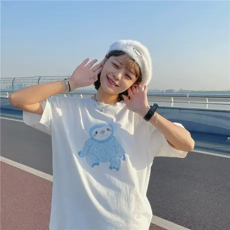 原创卡通动物可爱盐系温柔风2023新款港风ins宽松纯棉短袖T恤女商品大图