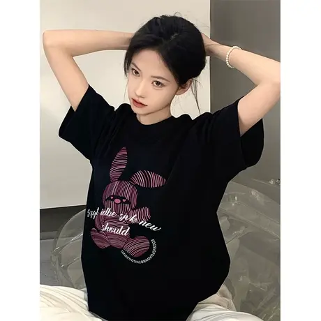 纯棉重磅美式复古短袖t恤女2023新款春夏设计感chic港味宽松上衣图片