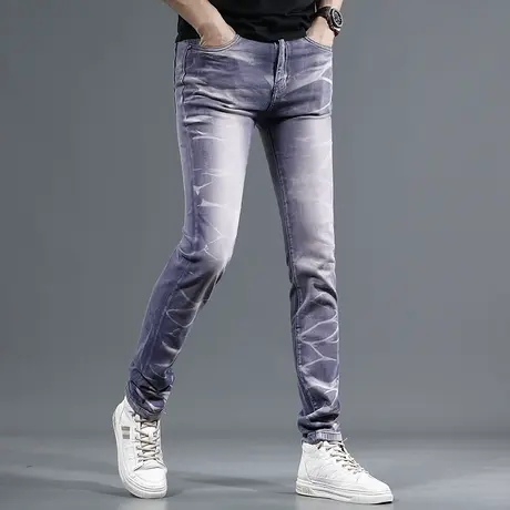 高端牛仔裤男2023夏季新款潮牌紫色修身小脚男士弹力薄款潮流裤子商品大图