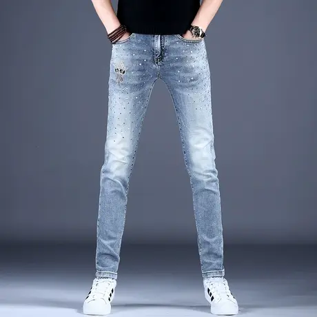 秋季潮流烫钻牛仔裤男款修身小脚裤子男2023新款休闲弹力高端潮牌商品大图
