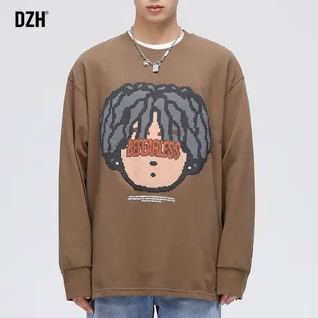 男士咖啡色t恤男长袖圆领纯棉重磅打底卫衣秋季男装2023新款上衣商品大图