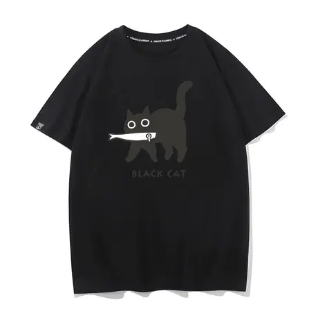 秀洛修猫叼鱼黑猫黑色短袖T恤男纯棉潮牌可爱卡通日系衣服体桖tee图片