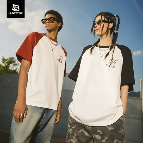 Lilbetter插肩袖T恤男短袖潮牌刺绣体恤夏新款五分袖男女同款衣服图片