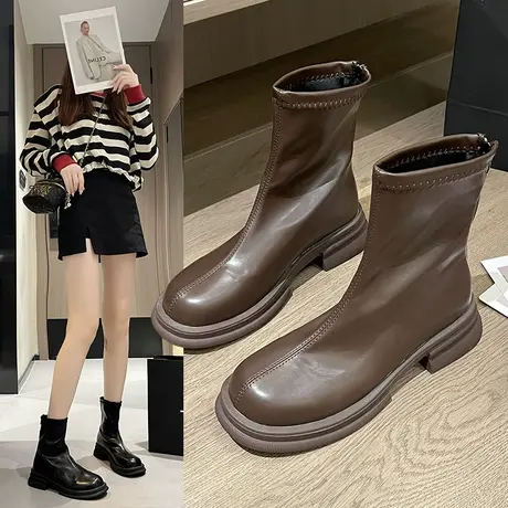棕色马丁靴女2023秋冬新款厚底增高弹力瘦瘦靴子爆款英伦风小短靴图片