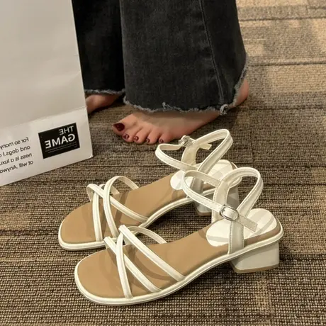 凉鞋女夏2023年新款时装时尚一字带中跟粗跟仙女风配裙子罗马女鞋商品大图