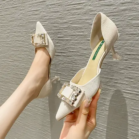 2023年夏季新款方扣水钻尖头高跟鞋女细跟仙女风性感气质浅口单鞋图片