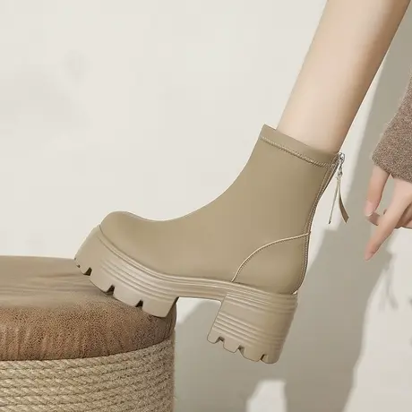 法式小踝靴厚底靴子女2023新款洋气韩系高级感小短靴高跟超火短靴图片