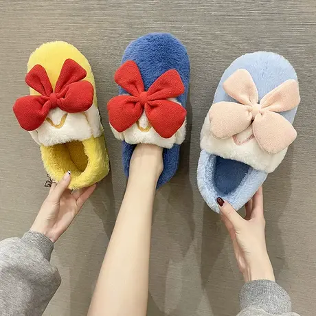 棉拖鞋女可爱蝴蝶结公主居家室内防滑保暖包跟月子毛绒棉鞋秋冬季商品大图