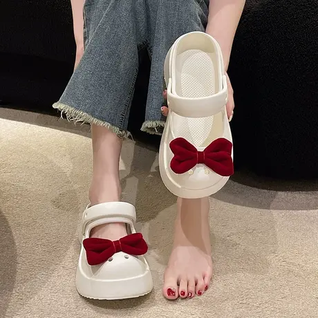 蝴蝶结玛丽珍洞洞鞋女夏季外穿ins潮时尚厚底增高防滑包头凉拖鞋商品大图