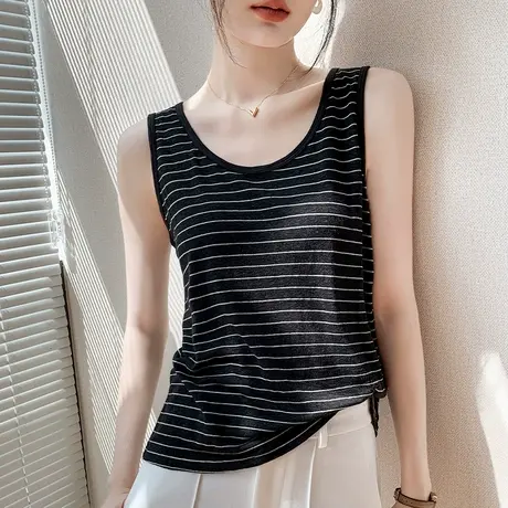 美式复古条纹吊带背心女2023夏新款宽松休闲衬衫内搭无袖上衣薄款图片