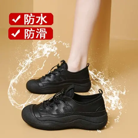 百搭小黑鞋女防水防滑皮面运动鞋春秋全黑色厨房工作鞋久站不累脚图片