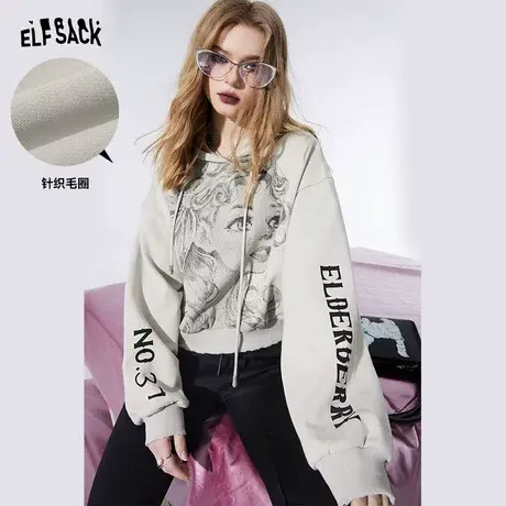 妖精的口袋印花短款灰色连帽卫衣女2024早春新款小个子设计感上衣图片