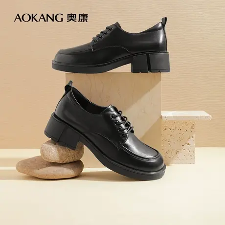【门店发货】奥康女鞋 2022秋季新款休闲单鞋系带真皮职业小皮鞋图片