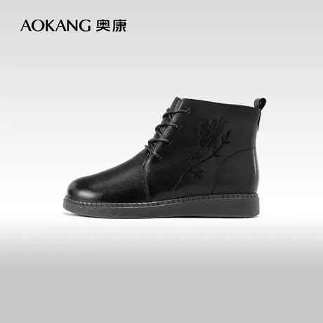 妈妈棉鞋冬季新款高帮系带短靴加绒保暖中老年棉鞋平底防滑皮鞋图片