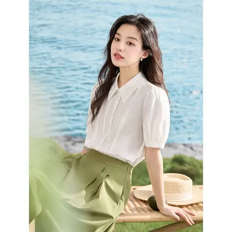 【商场同款】茵曼重工绣花领通勤衬衫2023夏季女装新款灯笼袖上衣图片